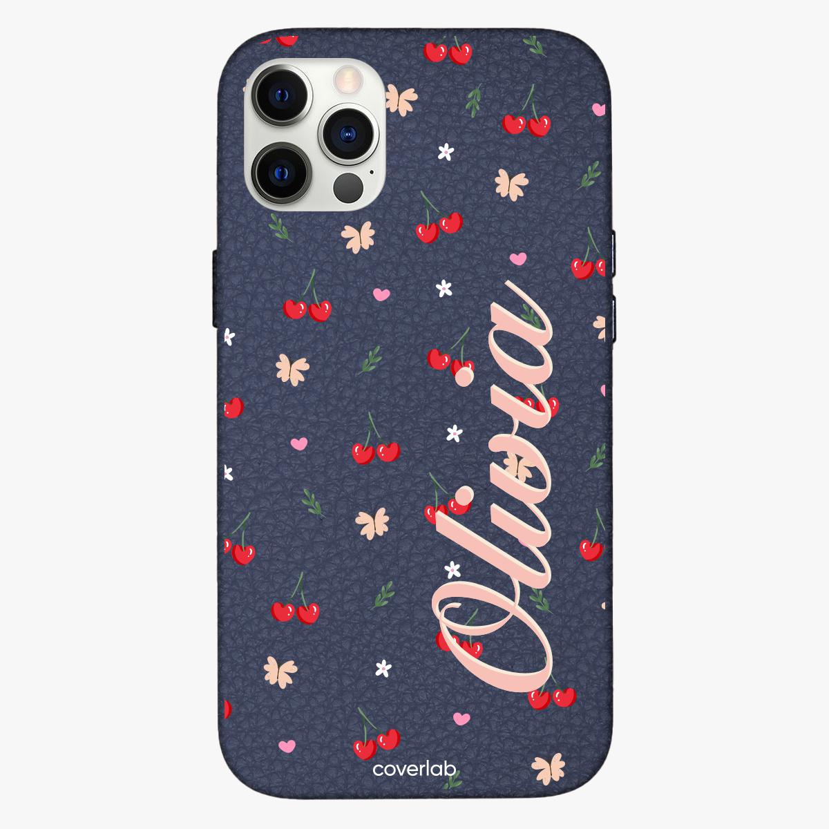Personalisierte Leder iPhone-Hülle mit Kirschen und Schmetterling