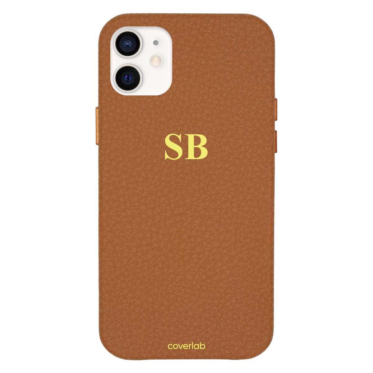 Custom Thin Serif Initials Brown Leather iPhone Case