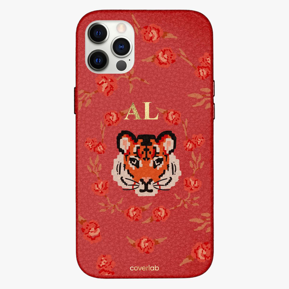 Coque personnalisée en cuir pour iPhone avec Tigre et Fleurs